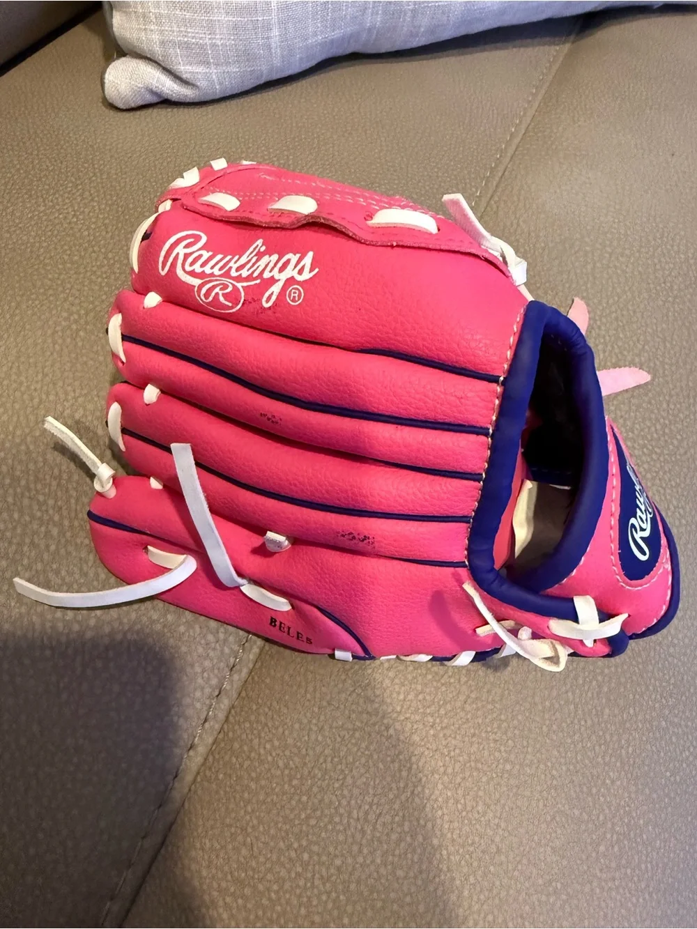 Rawlings Pink Youth Baseball Glove with White Lacing and Navy Trim